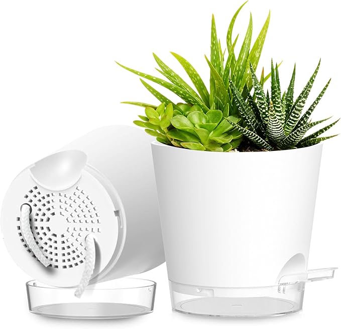 Plant Pots 8 Inch Self Watering Pots, 2 Pack Plastic Planters with Drainage Holes and Clear Saucers,Plastic Flower Pots for Indoor Out Door Plants(White) SQKH