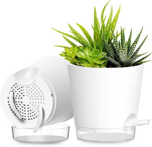 Plant Pots 8 Inch Self Watering Pots, 2 Pack Plastic Planters with Drainage Holes and Clear Saucers,Plastic Flower Pots for Indoor Out Door Plants(White) SQKH