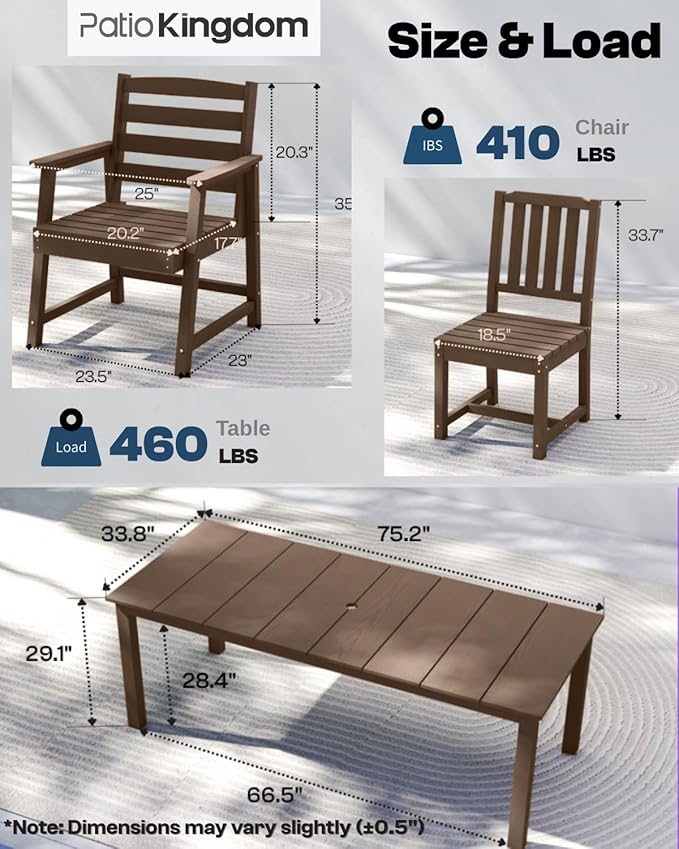 9-Piece Outdoor Dining Set for 8, 75.2'' HDPE Table with Umbrella Hole & Chairs, Weather-Resistant Patio Furniture for Lawn, Yard, Balcony, Deck (Brown) PatioKingdom