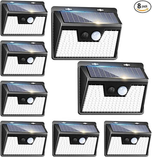 Peasur Solar Powered Lights Outdoor, 140 LED 8Pack Motion Sensor Light Outside, IP65 Waterproof Fence Security Lighting with 3 Modes for Yard Wall Garden Cool White Peasur