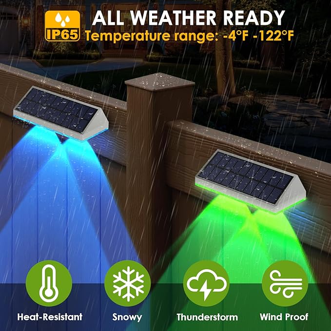 8 Pack Solar Fence Lights Outdoor - Warm White & RGB 6 Color, Dusk to Dawn Deck Light, Solar Powered Light Outdoor IP65 Waterproof, Solar Garden Lights for Outside/Backyard/Railing/Step/Patio/Wall LIANGLOME
