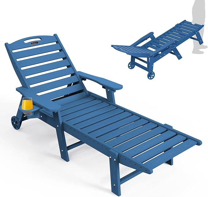 Ciokea Lounge Chair Outdoor, Oversized Chaise Lounge Chair with 5 Positions, HDPE, Patio Lounge Chair with Wheels & Cup Holder for Pool, Deck, Poolside, Azure Blue CIOKEA