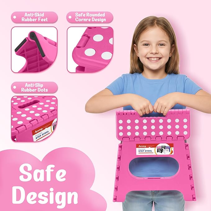 ACSTEP Folding Step Stool 11 Inch, Sturdy Plastic Foldable Step Stool for Kids & Adults, Non Slip Lightweight Collapsible Foot Stools Holds 300 lbs, Ideal for Kitchen, Bathroom, Bedroom, Rose red ACSTEP