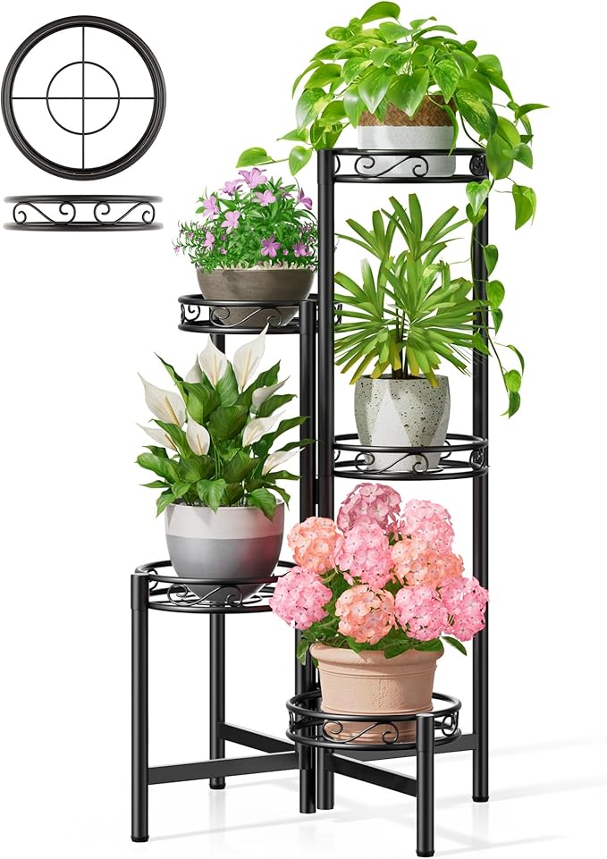 Metal Plant Stand Indoor Outdoor, 5 Tier 5 Potted Multiple Plant Shelf Stands, Wrought Iron Flower Holder Shelf, Folding Tall Rack Shelf for Patio, Balcony, Corner Living Room - BlackCircle Rootora