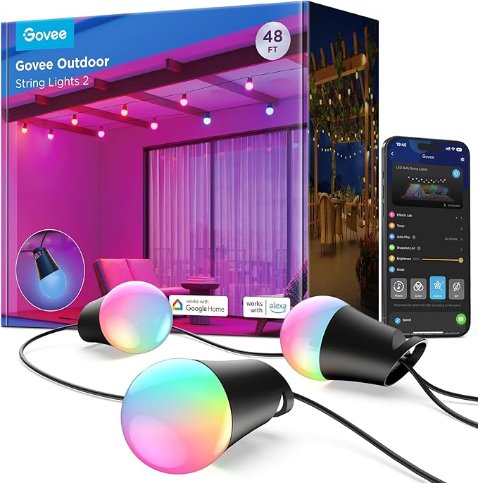 Govee Smart Outdoor String Lights 2, 48ft Outdoor Lights with Dimmable Warm White LED Bulbs, 47 Scene Modes for Patio, Backyard, Balcony, IP65 Waterproof, Works with Alexa, App Control Govee