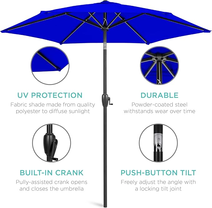 Best Choice Products 7.5ft Heavy-Duty Round Outdoor Market Table Patio Umbrella w/Steel Pole, Push Button Tilt, Easy Crank Lift - Resort Blue BestChoiceProducts