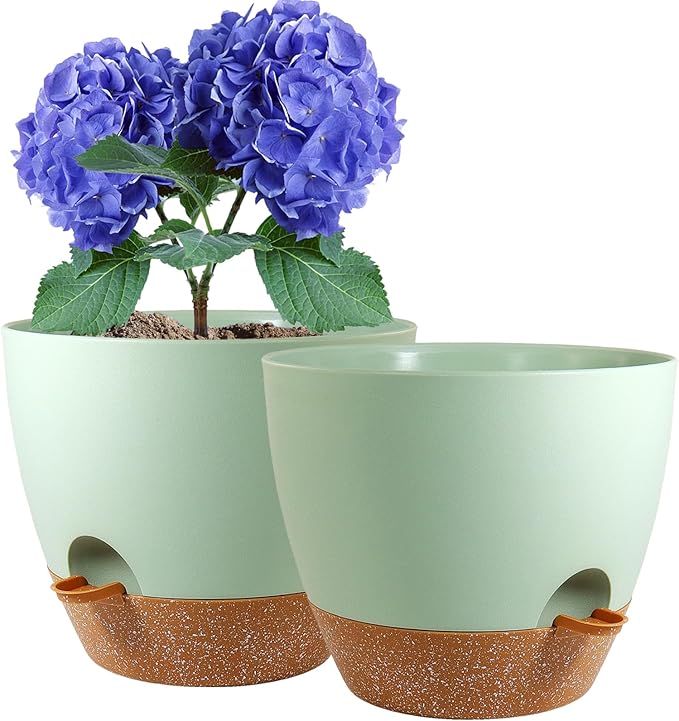 10 inch Self Watering Pots, 2 Pack Plastic Planters with Mesh Drainage Holes for Garden Plants and Flower, Plants Pots with Deep Reservoir for Indoor Outdoor Plants, Green with Brown WSMKSZ