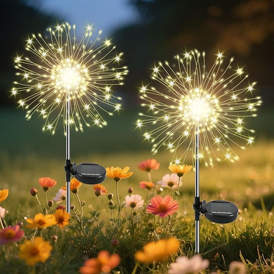 Garden Outdoor Lights, 2 Pack 120 LED Solar Garden Lights Fairy Lights Outdoor Waterproof Decorative Solar Firework Lights for Yard Patio Pathway Flowerbed Party Wedding Decor, Warm White Slyuexu