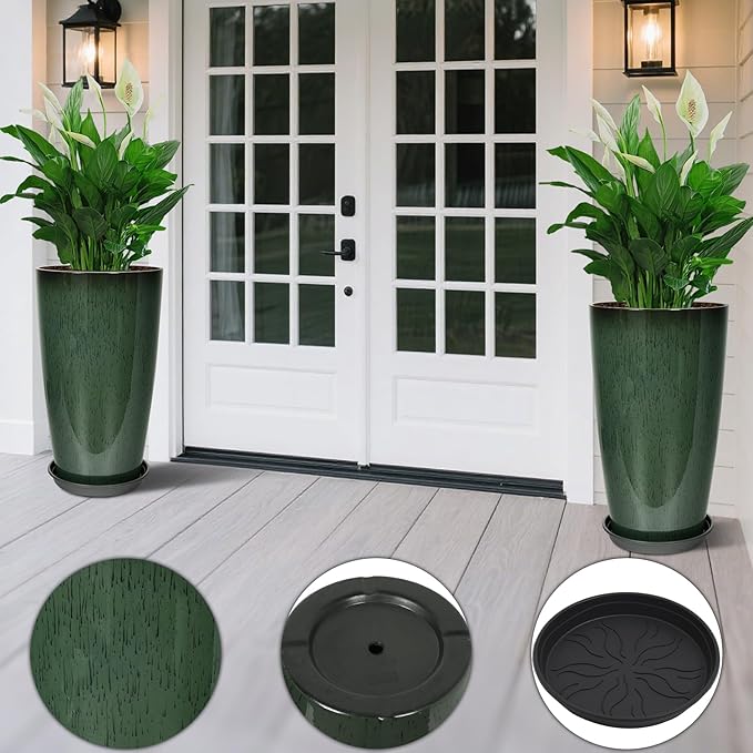 Set of 2 Lightweight Ceramic-Look Tall Planter, 21 inch Large Plastic Planter with Drain Hole & Saucers, Large Outdoor Planters for Porch, Garden, Patio, Balcony(Dark Green) Neoaider