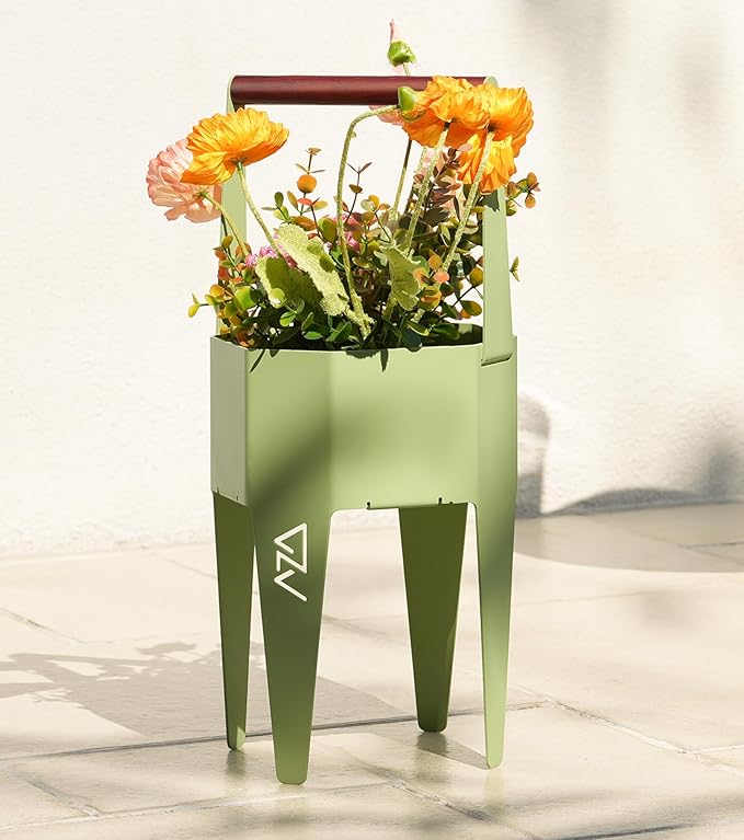 Planter with Stand, Metal 2 in 1 Portable Planter with Grow Bags & Handle, Stable Stylish Indoor Plant Pots with Stand, Modern Flower Pots Outdoor, 7.5'' x 17.3'', Green, Plant Not Included SculptingLightGarden