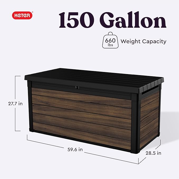 Keter Signature Collection 150 Gallon Resin Deck Box Organization and Storage for Patio Outdoor Cushions, Throw Pillows, Garden Tools and Pool Supplies, Rosewood Keter