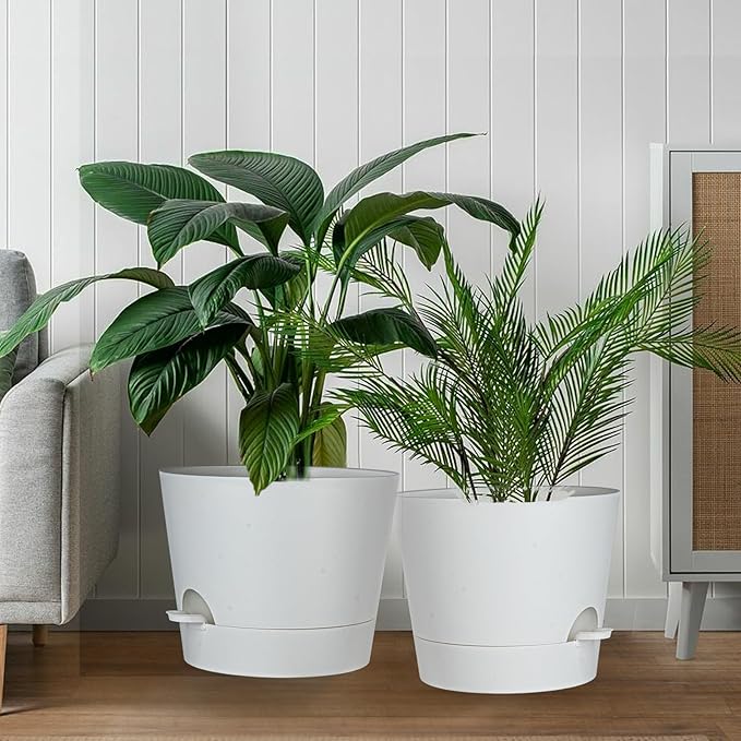 12inch Large Self Watering Plant Pot, Plastic Cylinder Planter with 60Oz Deep Reservoir and Saucer for Indoor Outdoor Plants Flowers Houseplants, White SwinDuck