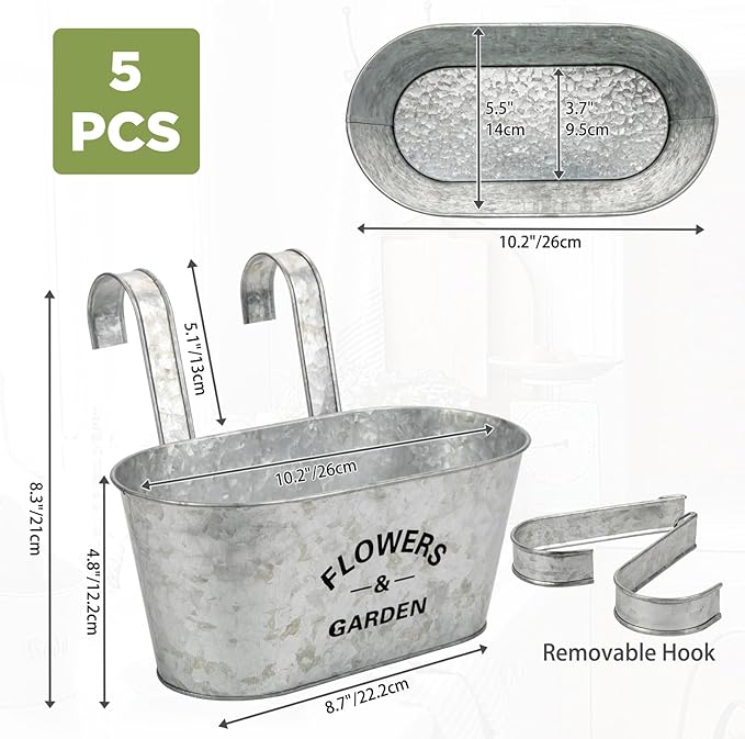 Briful 10'' Hanging Planter Outdoor 5PCS Metal Railing Planter for Herb Flower, Oval Galvanized Buckets with Detachable Hooks, Garden Fence Balcony Windowsill Hanging Pot, Silver Briful