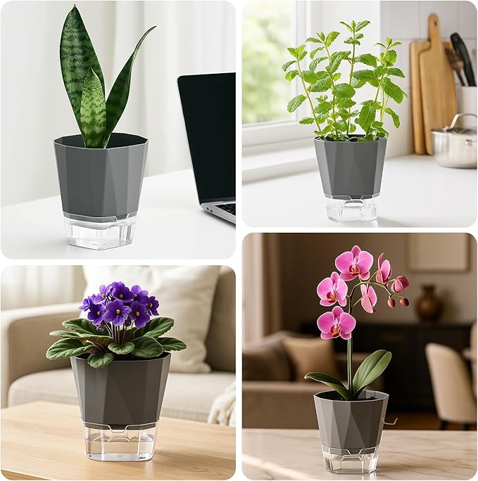 5 Pack Self Watering Pots for Indoor Plants, 5/6.7/8.4 in Self Watering Planters African Violet Self Watering Clear Pots for Plants Herb Orchid Flower Houseplant Pots, Dark Grey Planterhoma