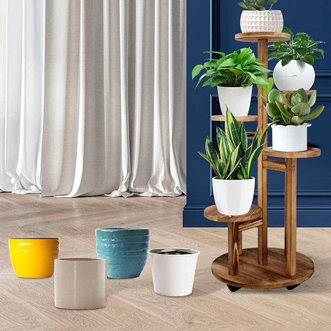 GEEBOBO 5 Tiered Tall Plant Stand for Indoor, Wood Plant Shelf Corner Display Rack, Multi-tier Planter Pot Holder Flower Stand for Living Room Balcony Garden Patio (Walnut) GEEBOBO