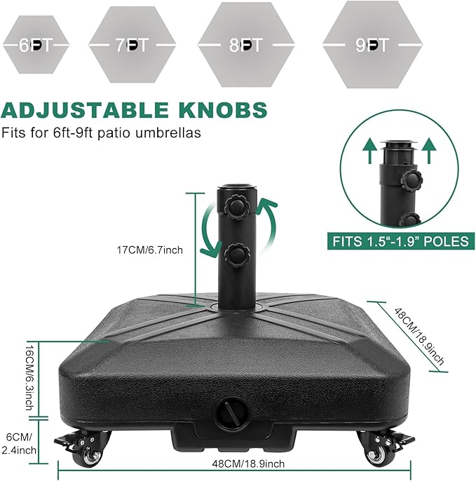 Patio Umbrella Base Heavy Duty with Wheels Square Market Stand for Outdoor 4 Locks 2 Knobs 125lb Capacity, Black RAOKUKH