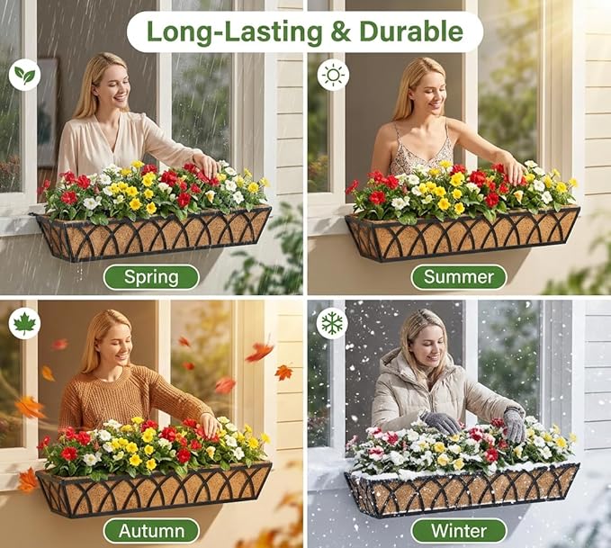 Y&M 30 Inch Window Deck with Coco Liner, Fence Metal Hanging Flower Planter Basket Deck Railing Planter Boxes for Outdoor Garden Lawn, 30" Window Boxes Horse Trough with Coconut Coir Liner,4pcs YM