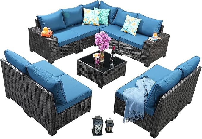 Jing's Villa 8-Piece Patio Furniture Set, All-Weather Outdoor Wicker Sectional Sofa with Cushions,Glass Table & Left and Right Armrest, Rattan Conversation Seating for Porch, Backyard,Peacock Blue JingsVillaOutdoorFurniture