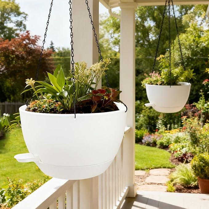 WOUSIWER Self Watering Hanging Planters, 2 Pack 12'' Plastic Pots with Drainage Holes & Reservoir Tray (White) | Indoor & Outdoor Use for Ferns, Ivy, Herbs, Succulents WOUSIWER