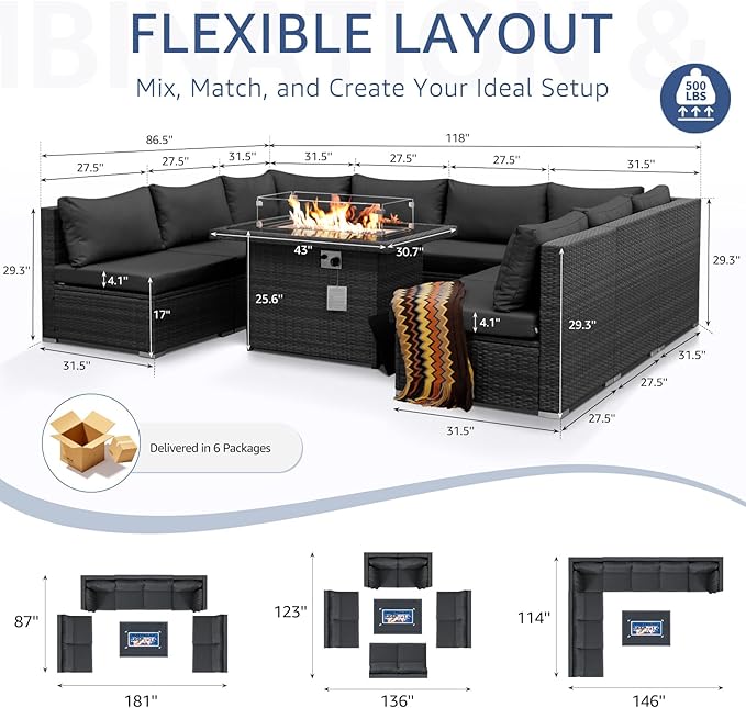 NICESOUL 9 Piece Modern Outdoor Furniture Set with Fire Pit Table, 8 Seat L-Shaped Extra Large Sectional Sofa Sets, 29.3'' High Back Comfy Modular Wicker Conversations, Natural Gas & Propane, Grey NICESOUL