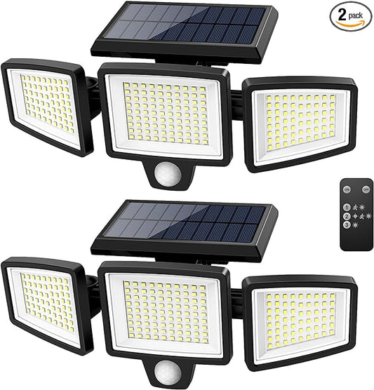 Tuffenough Solar Outdoor Lights 2500LM 210 LED Security Lights with Remote Control,3 Heads Motion Sensor Lights, IP65 Waterproof,270° Wide Angle Flood Wall Lights with 3 Modes(2 Packs) SolarOutdoorLights