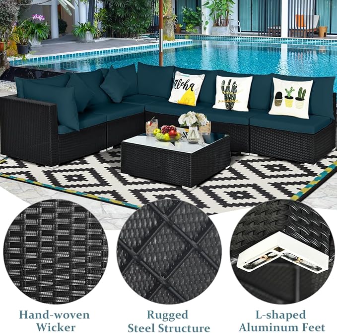 Tangkula 7 Piece Patio Furniture Set, Outdoor Wicker Sectional Sofa with Pillows and Cushions, and Coffee Table, Patio Conversation Set for Garden, Lawn (Peacock Blue) TANGKULA