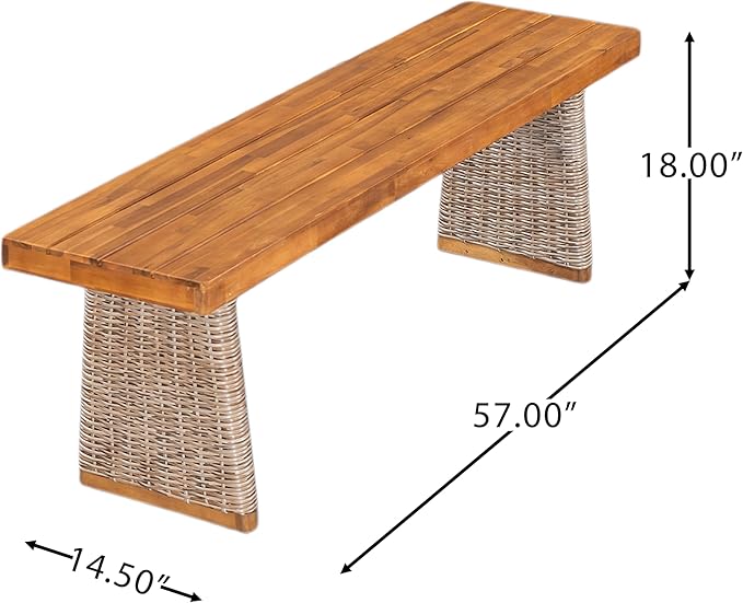 Christopher Knight Home Pasco Acacia Wood Outdoor Dining Table Set for 6, Wicker Patio Dining Set with Acacia Wood Table and Bench, Patio Table and Chair Set with Cushion+Rope Backrest,Brown+Teak+Grey ChristopherKnightHome