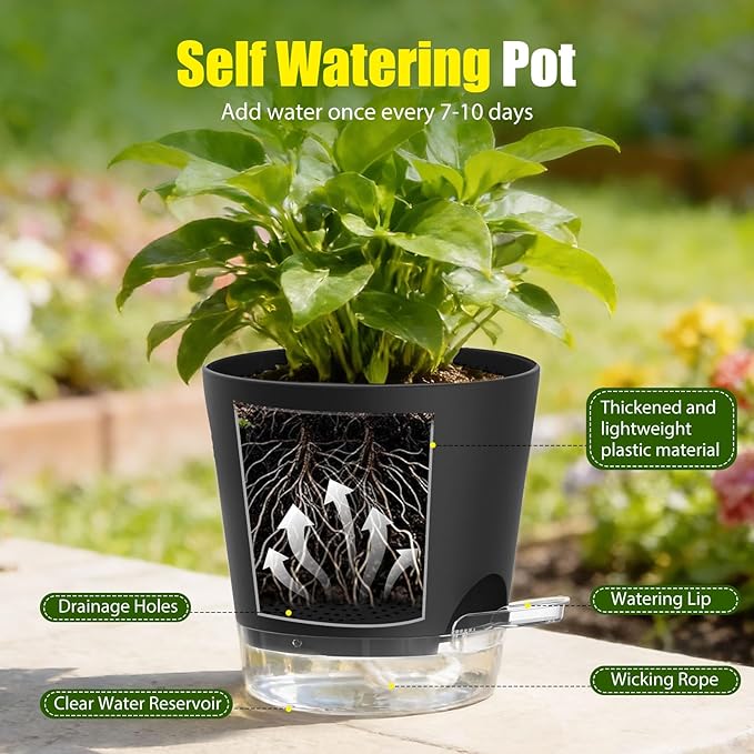 Plant Pots 4 Inch Self Watering Pots,6 Pack Plastic Planters with Drainage Holes and Clear Saucers,Plastic Flower Pots,Nursery Planting Pot for Indoor Out Door Plants (Black, 4 inch) SQKH