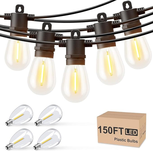 Svater Outdoor String Lights 150 FT, Patio Lights for Outside with Shatterproof Bulbs, IP65 Waterproof Commercial Grade LED Hanging Light for Backyard Bistro Market Cafe, Black Svater