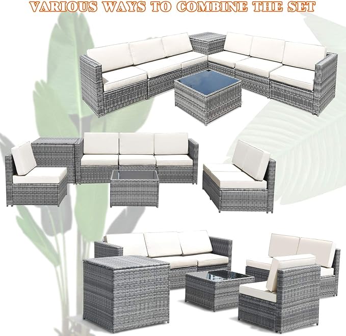 Tangkula 8 Pieces Wicker Patio Furniture Set with Storage Deck Box, PE Rattan Outdoor Sectional Sofa Conversation Set with Coffee Table & Cushions, Outside Furniture for Garden Yard Poolside (White) TANGKULA