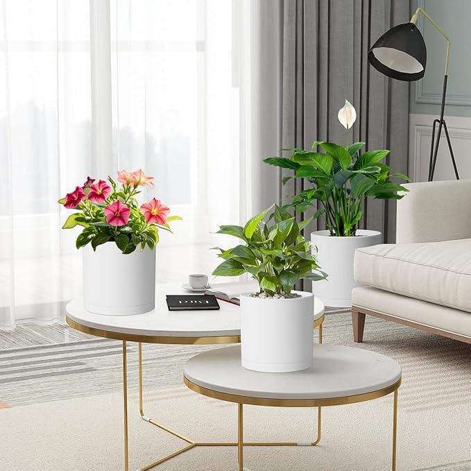 8/7/6 inch Plant Pots, 3 Pack Cylinder Flower Pots for Outdoor Indoor Plants, Decorative Plastic Planters with Drainage Holes and Saucers for Garden House Plants, White with Brown Meowell