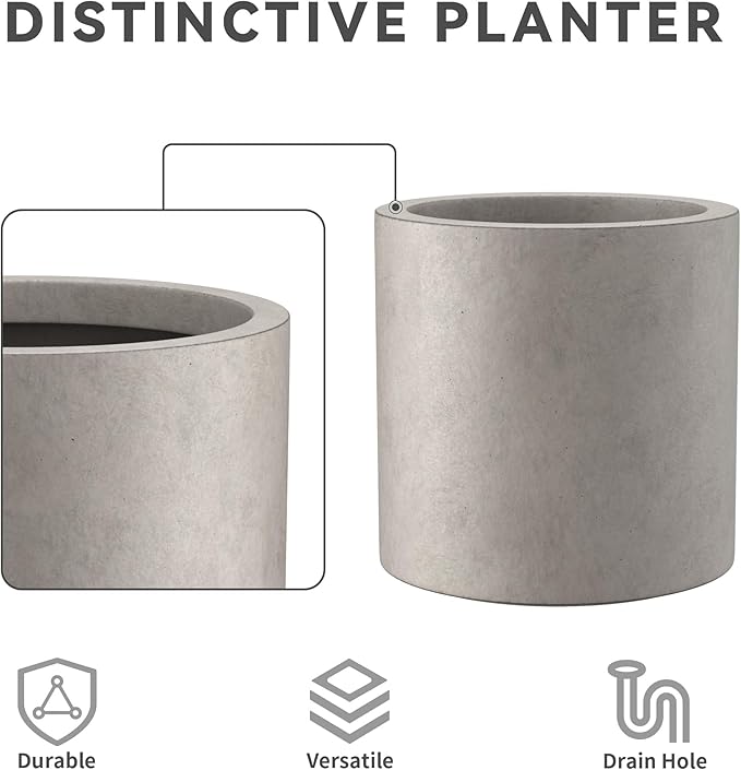 Kante 15.7" Dia Round Concrete Planter, Modern Style Large Cylindrical Plant Pot with Drainage Hole and Rubber Plug for Indoor Outdoor Patio, Weathered Concrete Kante