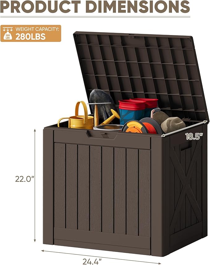 JUMMICO 42 Gallon Deck Box Waterproof, Resin Outdoor Storage Box with Side Handles, Outdoor Storage Benches Lockable for Patio Cushions and Garden Tools (Brown) JUMMICO