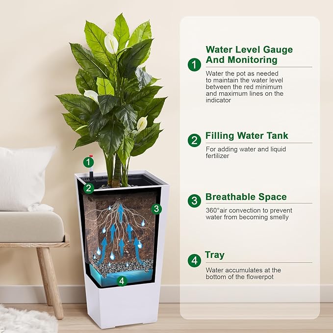 Garvee 22.5" Tall Planters Set of 2, Outdoor＆Indoor Black Planter Pots, High Front Porch Planter Pots with Drainage Holes＆Water Level Monitor＆Inner Bucket,White Garvee