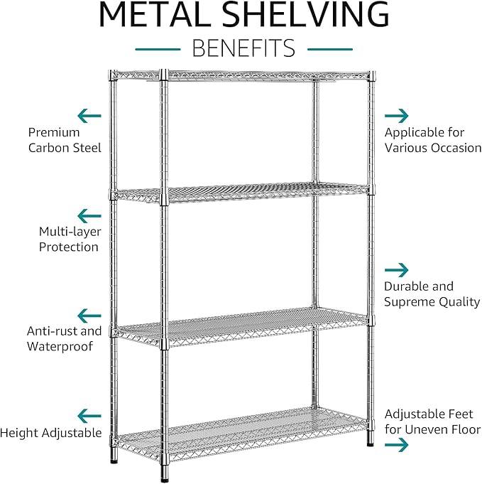 IZEUK 3400 LBS Garage Shelving Wide Storage Shelves 4 Tier Metal Shelves Heavy Duty Adjustable Utility Shelf Rack Chrome 17.7" D x 47.2" W x 70.4" H IZEUK