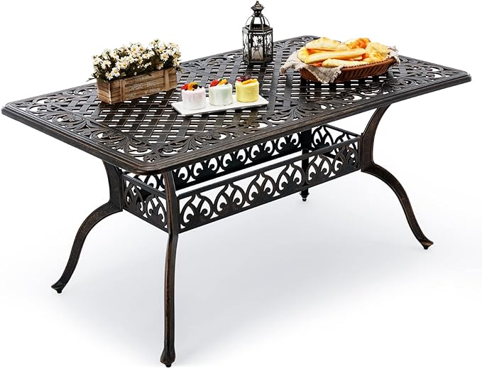 Outdoor Patio Dining Table - All-Weather Cast Aluminum 60" x 28.5“ Patio Rectangular Table with 2" Umbrella Hole for Balcony Lawn Garden Backyard Attliahome