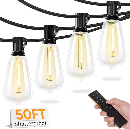 Brightever 50FT Outdoor String Lights with Remote, LED String Lights for Outside with 16 Shatterproof ST38 Vintage Edison Bulbs, 3 Modes 2 Timer Dimmable Outside Lighting for Patio, Gazebo, Deck, Yard Brightever