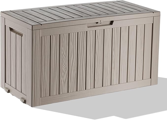 ROJIK Outdoor Storage Housing Deck Box - Waterproof Patio Furniture, Garden Tools, Cushions, Pool Accessories Storage Bench with Lockable Lid and Side Handles (Grey 78 Gal) ROJIK