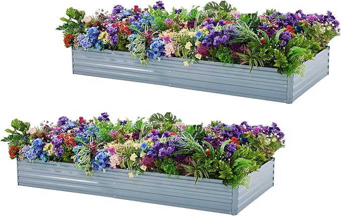 2 Pack 8x4x1FT Galvanized Raised Garden Bed Kit, Outdoor Metal Planter Box for Vegetables, Bottomless Rectangular Gardening Bed with Support Rods, Tool-Free Assembly, Gray Meberam