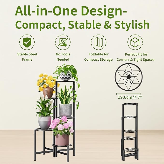 Plant Stand 5 Tier Indoor Metal Flower Shelf for Multiple Plants Corner Tall Flower Holders for Patio Garden Living Room Balcony Bedroom Black Diamond Rootora