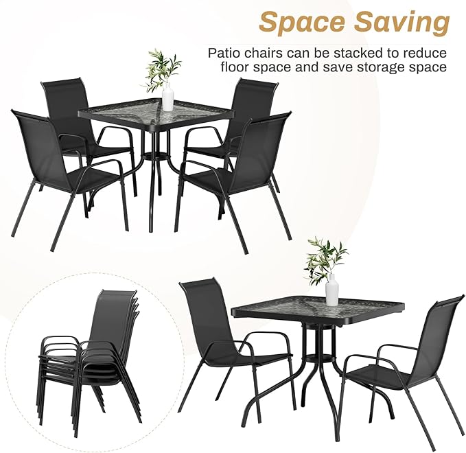 Arlopu 5 Piece Outdoor Patio Dining Set (Umbrella not Included), Porch Furniture with 4 Textline Chairs, 1 Square Glass Table for Garden, Backyard and Poolside, Lawn (Black) Arlopu