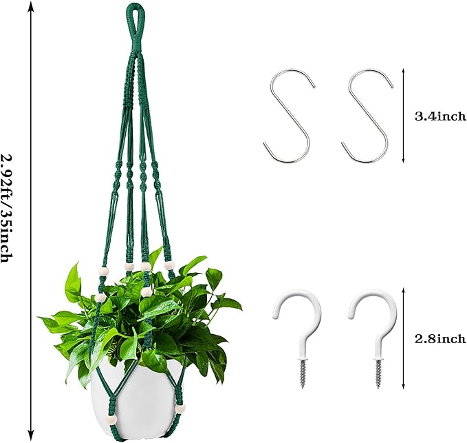 Augshy Macrame Plant Hangers Dark Green Hanging Planters for Indoor Outdoor Home Decor, Hanging Plant Holder No Tassels Set of 2 with 4 Hooks Augshy