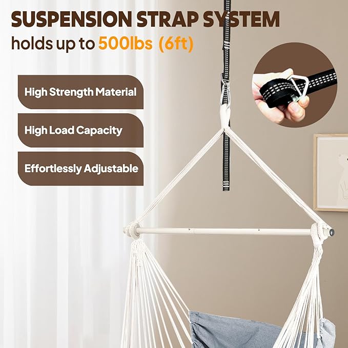 Chihee Hammock Chair 4.9ft x 3.9ft Max 500 Lbs Widen Hanging Swing 2 Cushions Included Metal Spreader Bar with Anti-Slip Grooves Portable Comfy Hanging Chair Side Pocket Bohemian Chair Indoor Outdoor Chihee
