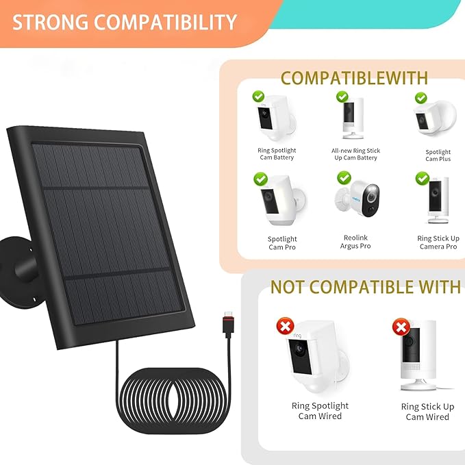 1 Pack - Solar Panel for Ring Security Camera Spotlight Cam Plus/Pro(Battery) Stick Up Cam/Pro Wireless Outdoor with 10FT/3M Long Cable Dustproof Waterproof BK Fehuatenda