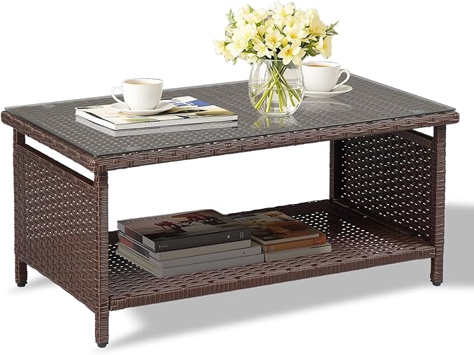VINGLI Outdoor Wicker CoffeeTable Patio Coffee Tables for Outside, Tempered Glass Top Wicker Table with Storage Coffee Table for Patio Balcony Porch Deck (Brown) VINGLI
