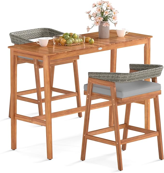 Tangkula 3 Piece Patio Bar Set, Outdoor Acacia Wood Counter Height Table with 2 Cushioned Barstools with Curved Rattan Back and Footrest, for Backyard, Poolside, Balcony TANGKULA