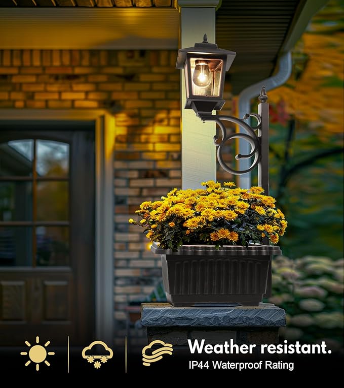 PASAMIC 2 in 1 Outdoor Flower Pots for Real or Fake Flowers, Solar Lamp Post Lights - Wall Mount or Freestanding, Waterproof Decorative Lamp for Lawn, Patio, Front/Back Door PASAMIC