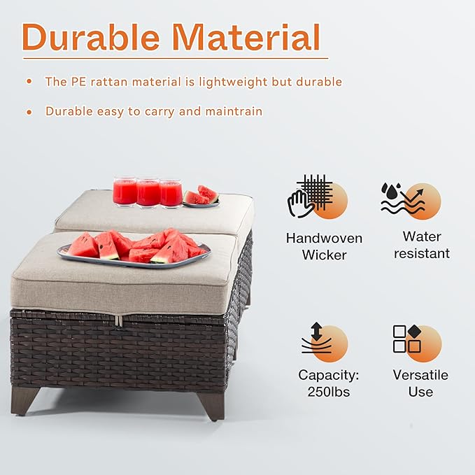Joyside Patio Ottoman Set of 2, All Weather Outdoor Rattan Ottomans Patio Footstools with Removable Cushions for Garden Backyard Porch (Beige) Joyside
