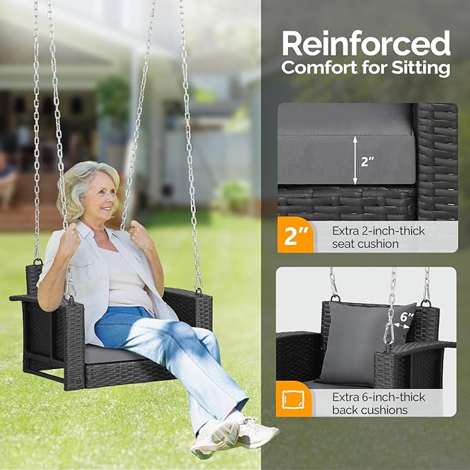 VINGLI 2.2 FT 1-Person Use Rattan Porch Swing Outdoor Support 440 LBS with Cushions & Adjustable Chains, Patio Wicker Swing Bench Chair for Garden, Yard, Lawn, Tree, Black VINGLI