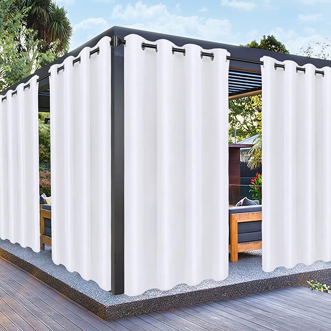 PureFit Outdoor Curtains for Patio Waterproof Weatherproof, UV Resistant Outside Curtains for Gazebo, Front Porch, Pergola, Sun Blocking Privacy Curtain, 52W x 120L inch, Set of 2, White PureFit